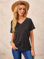 Regular Fit Black and White Striped Short Sleeve Women T-Shirts 2888