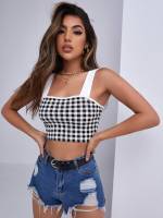 Gingham Straps Black and White Women Tank Tops  Camis 696