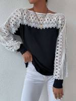  Black and White Regular Contrast Lace Women Sweatshirts 468