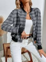 Houndstooth Button Long Sleeve Regular Women Clothing 822