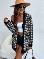 Button Front Houndstooth Casual Short Women Knitwear 4557