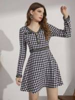 Regular Fit Black and White Long Sleeve Elegant Women Dresses 671