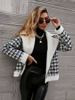 Zipper Black and White Long Sleeve Regular Fit Women Outerwear 300