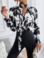 Black and White Tie Neck Regular Fit All Over Print Women Tops, Blouses  Tee 110