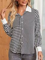 Regular Black and White Long Sleeve Button Front Women Tops, Blouses  Tee 5214