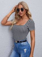  Houndstooth Slim Fit Casual Women Tops, Blouses  Tee 9307