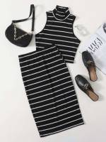 Sleeveless Slim Fit Rib-Knit Black and White Women Co-ords 452