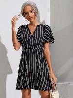 Striped Regular Fit Short Wrap Women Dresses 28