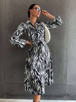  Collar Belted Zebra Stripe Women Dresses 728