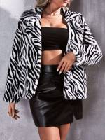 Zebra Stripe Black and White Regular Fit Women Faux Fur Coats 5858