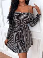  Cold Shoulder Black and White Fake Buttons Women Dresses 7470