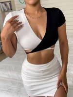  Colorblock Crop Criss Cross Women Clothing 5272