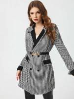 Houndstooth Lapel Elegant Black and White Women Overcoats 859