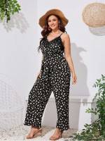 Black and White Belted All Over Print Boho Plus Size Jumpsuits 803