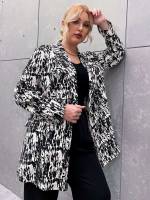 Black and White Long Sleeve Glamorous Lapel Women Plus Clothing 7954