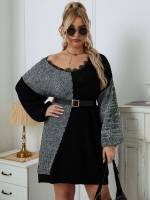 Colorblock V neck Black and White Plus Size Knitwear 999