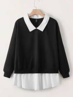 Collar Colorblock Regular Black and White Plus Size Sweatshirts 8524