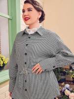 Houndstooth Belted Black and White Collar Women Plus Clothing 8610