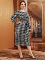 Long Sleeve Round Neck Belted Plus Size Dresses 2366