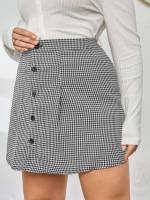 Button Front Black and White Elegant Plus Size Skirts 433