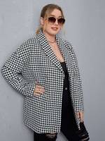  Long Sleeve Black and White Houndstooth Plus Size Outerwears 1548