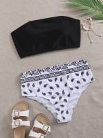 Black and White Paisley Lace Up Plus Size Beachwear 924