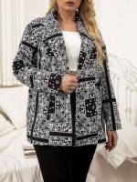  Black and White Button Plus Size Blazers 9813