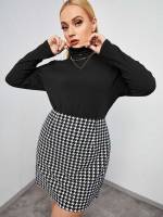 Stand Collar Black and White Houndstooth Women Plus Clothing 828