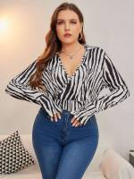 Casual Wrap Long Sleeve Black and White Plus Size Jumpsuits  Bodysuits 3228