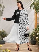 Long Sleeve Regular Fit Long Black and White Plus Size Dresses 4435