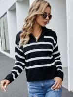 Striped Zipper Long Sleeve Collar Women Sweaters 181