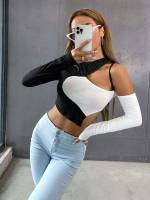 Long Sleeve Crop Black and White Women Clothing 9475