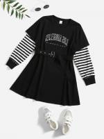 Round Neck Regular Fit Striped Girls Dresses 1331