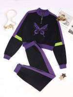 Sporty Funnel Neck Long Sleeve Girls Two-piece Outfits 4197