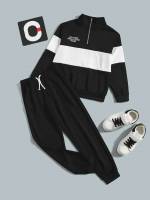 Long Sleeve Black Colorblock Sporty Boys Two-piece Outfits 458