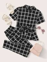 Regular Fit Short Sleeve Plaid Black Girls Clothing 668