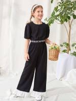  Black Round Neck Letter Girls Two-piece Outfits 40