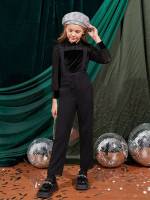 Stand Collar Long Sleeve Black Contrast Lace Kids Clothing 6032