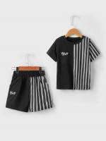 Casual Striped Round Neck Black Toddler Boys Clothing 7790