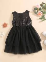 Contrast Mesh Sleeveless Black Toddler Girls Clothing 8322