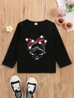 Long Sleeve Figure Round Neck Black Toddler Girls Tops 4368