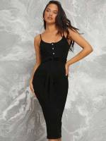 Belted Spaghetti Strap Sleeveless Black Maternity Dresses 147