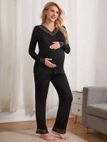 V neck Long Sleeve Contrast Lace Maternity 3245