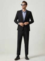 Regular Fit Long Sleeve Plain Black Men Suits  Separates 7636