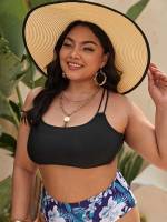 Criss Cross Plain Black Plus Size Bikini Tops 6119