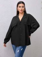 Lapel Plain Casual Plus Size Blouses 670