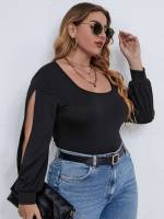 Black Scoop Neck Casual Long Sleeve Plus Size Bodysuits 8006