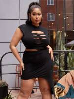 Black Asymmetrical Sleeveless Plus Size Co-Ords 732