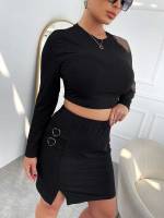 Round Neck Black Plain Plus Size Co-Ords 2433