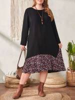 Long Sleeve Casual Black Plus Size Dresses 3685